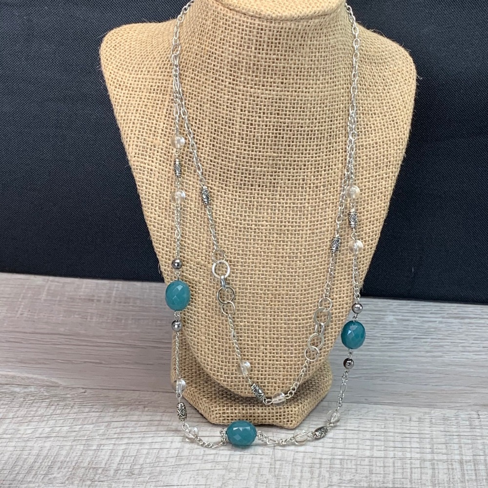 Silver Tone Teal Blue Faceted Bead Layered Station Necklace 20 Inch Drop